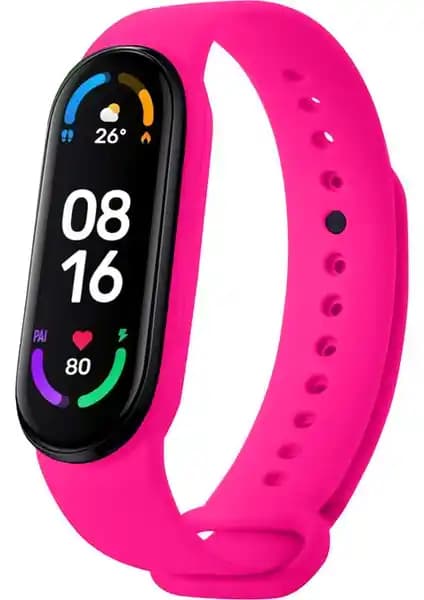 Hoffice Neon Pembe Silikon Kordon Mi Band 5 ve 6 için Uyumlu, Kademeli Ayarlanabilir
