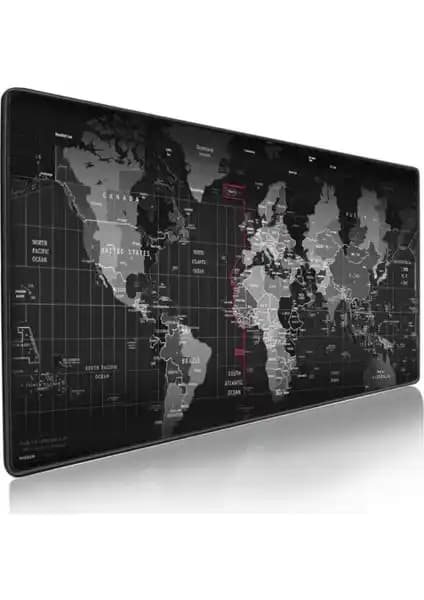 İrontech 90x40 cm Siyah Dünya Desenli Dikişli Kaydırmaz Tabanlı MousePad — dayanıklı