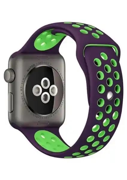 Apple Watch Seri 6, SE, 5 ve 4 uyumlu delikli spor kayışları mor ve yeşil renk seçenekleriyle