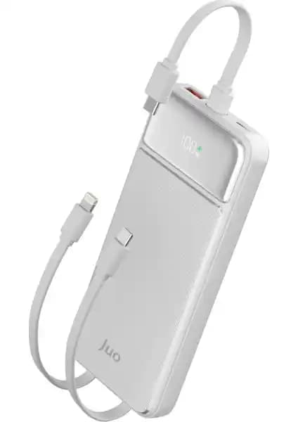 Juo 10000mAh 22.5W LED Ekranlı Lightning ve Type-C Kablolu Powerbank: Yüksek Kapasiteli Taşınabilir Şarj Cihazı