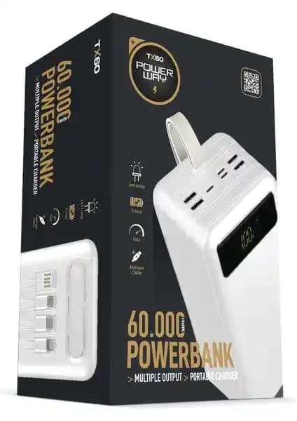 Powerway 60.000 mAh Kablolu Dijital Göstergeli Powerbank: Yüksek Kapasite ve Güvenilir Taşınabilir Enerji Kaynağı