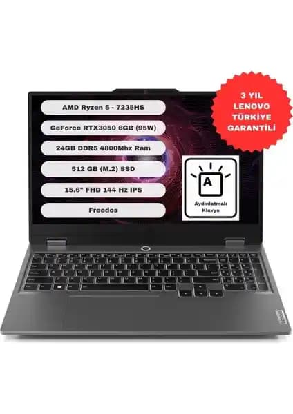 Lenovo LOQ AMD Ryzen 5 7235HS 24GB RAM 512GB SSD RTX3050 ile Yüksek Performanslı Oyuncu Dizüstü Bilgisayarı