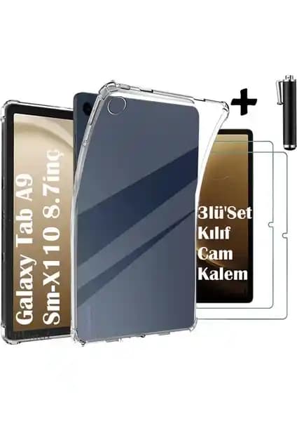 Samsung Galaxy Tab A9 8.7 İnç için Şeffaf Silikon Kılıf, Nano Esnek Cam ve Dokunmatik Kalem Seti