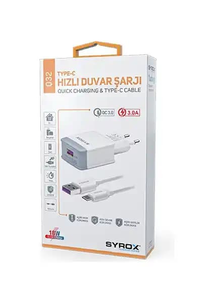 Syrox Q32 Type-C Hızlı Şarj Aleti 3.0A Çıkış Gücü ile Güvenli ve Etkili Şarj