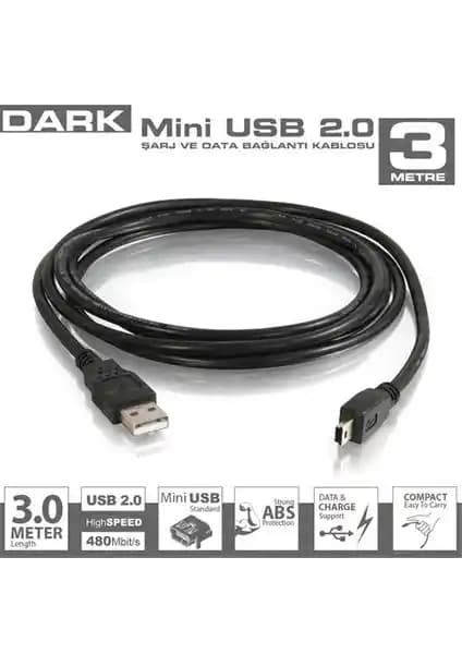 Dark DK-CB-USB2MINIL300 Mini USB 2.0 Şarj ve Veri Kablosu 3 Metre Uzunlukta