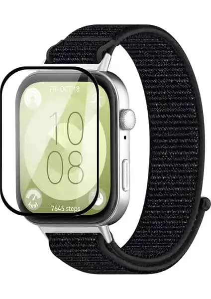 Fibaks Huawei Watch Fit 3 Uyumlu Tam Kaplayan Kavisli Siyah Pet Ekran Koruyucu