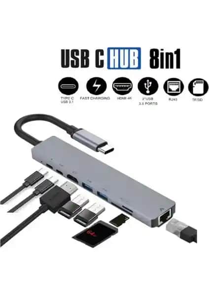 Bonjux 8'li USB Type-C Çoklayıcı MacBook ve Uyumlu Diğer Cihazlar için Gelişmiş Bağlantı Çözümü