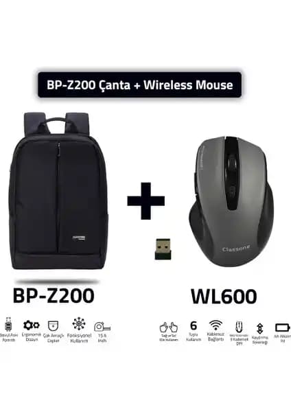 Classone BP-Z200-WL600: Dayanıklı ve Şık 15.6 inç Laptop Sırt Çantası ve Kablosuz Mouse Seti