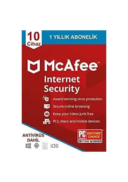 McAfee Internet Security 10 Cihaz 1 Yıl Güvenli ve Güncel Dijital Koruma Çözümü