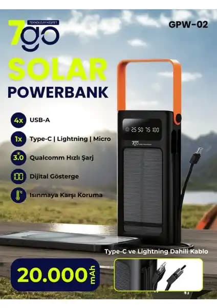 7Go Gpw-02 20.000 mAh Solar Powerbank: Yüksek Kapasiteli ve Güneş Enerjili Taşınabilir Şarj Cihazı