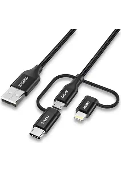 Choetech 3'ü 1 Arada Lightning USB-C Micro USB Hızlı Şarj ve Veri Kablosu
