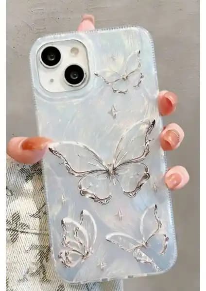 Fibaks Apple iPhone 13-14-15 Uyumlu Tüylü Hologram Kelebek Desenli Silikon Kılıf