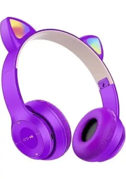 Gül İletişim P47M Bluetooth 5.0 LED Işıklı Kedi Tasarımlı Kulaklık Mor Renkli ve Şık Tasarım