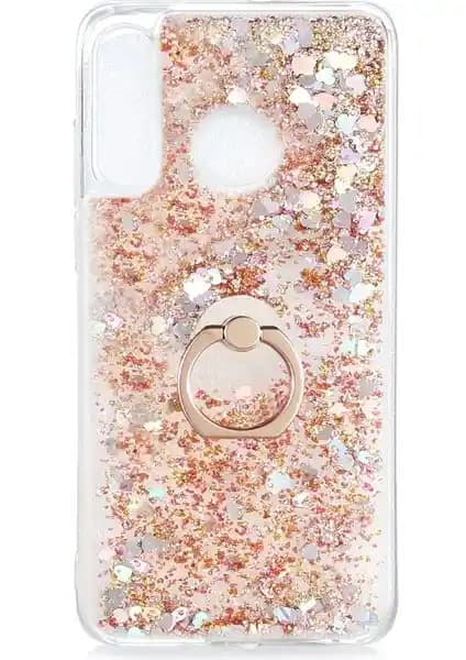 Huawei P30 Lite için Simli Sıvılı Kalplı Yüzüklü Kılıf Estetik ve Koruyucu Tasarım