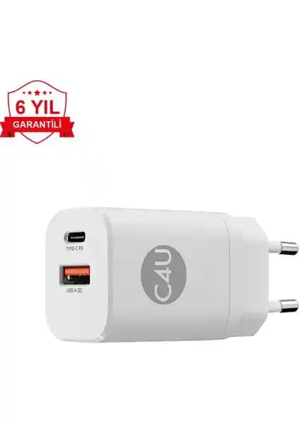Case 4U 2 Portlu 30W Hızlı Şarj Cihazı Type-C ve USB-A Çıkışlı Güçlü ve Taşınabilir