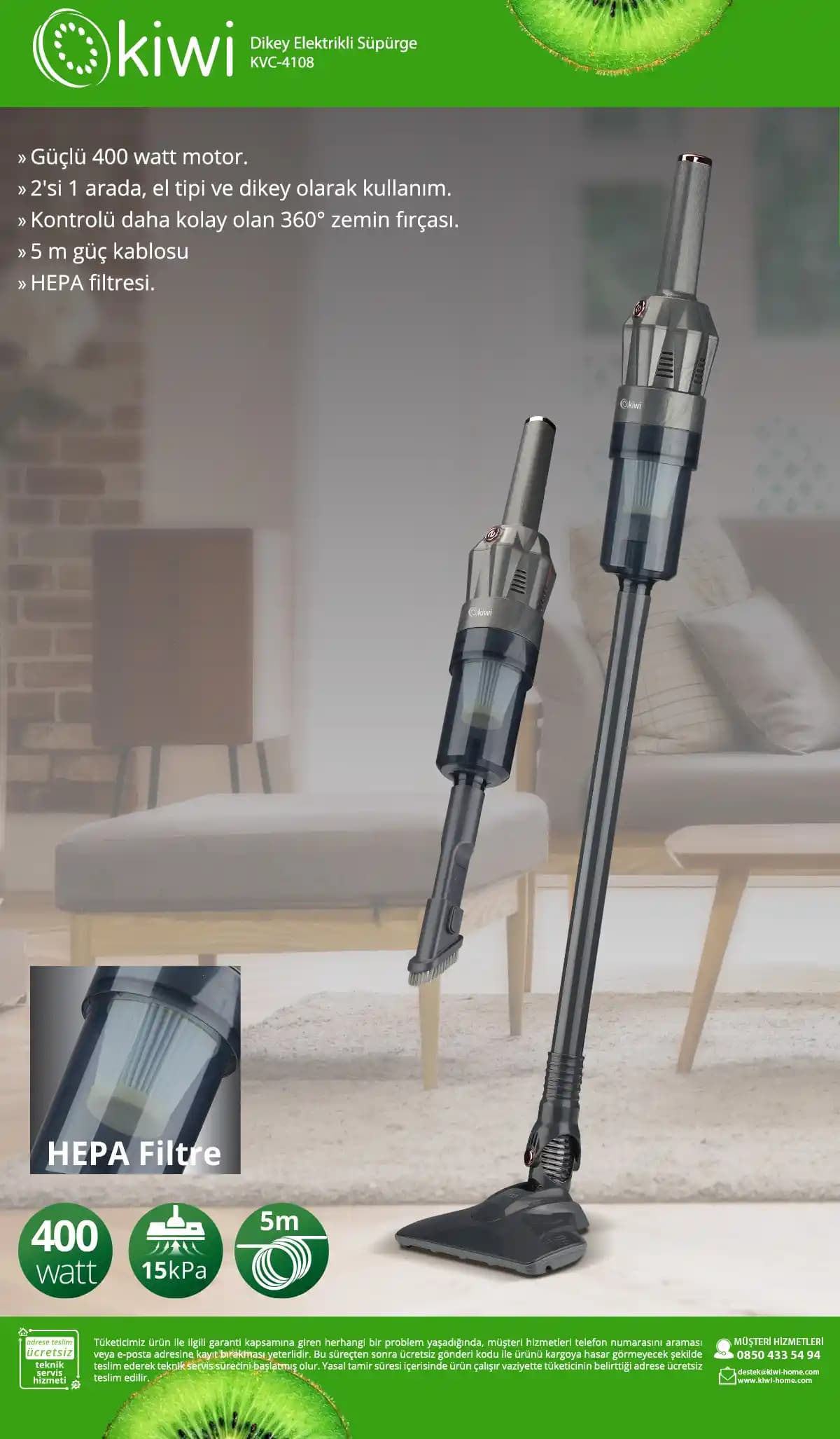 Kiwi KVC-4108 Siyah Dikey Elektrikli Süpürge ile Etkili ve Pratik Ev Temizliği