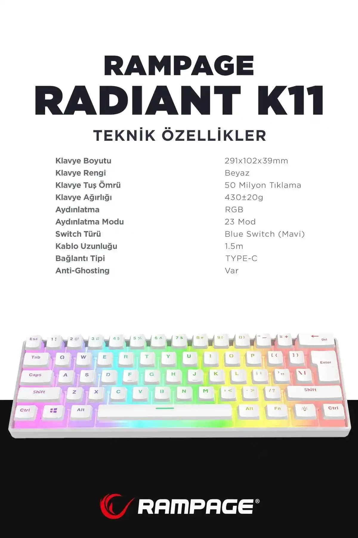 Rampage K11 Klavye: Dayanıklı, Ergonomik ve RGB Aydınlatmalı Oyun ve Günlük Kullanım