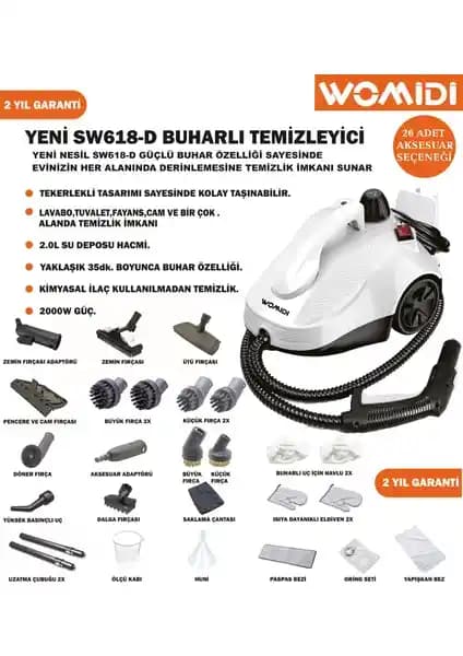 Womidi SW618-D Çok Fonksiyonlu 26 Parça Buharlı Temizleyici Paspas ile Etkili Temizlik