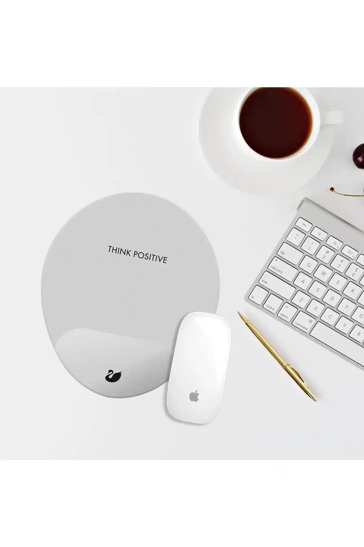 Özer Store Gri Think Positive Bilek Destekli Oval Mouse Pad İşlevsel ve Şık Tasarım