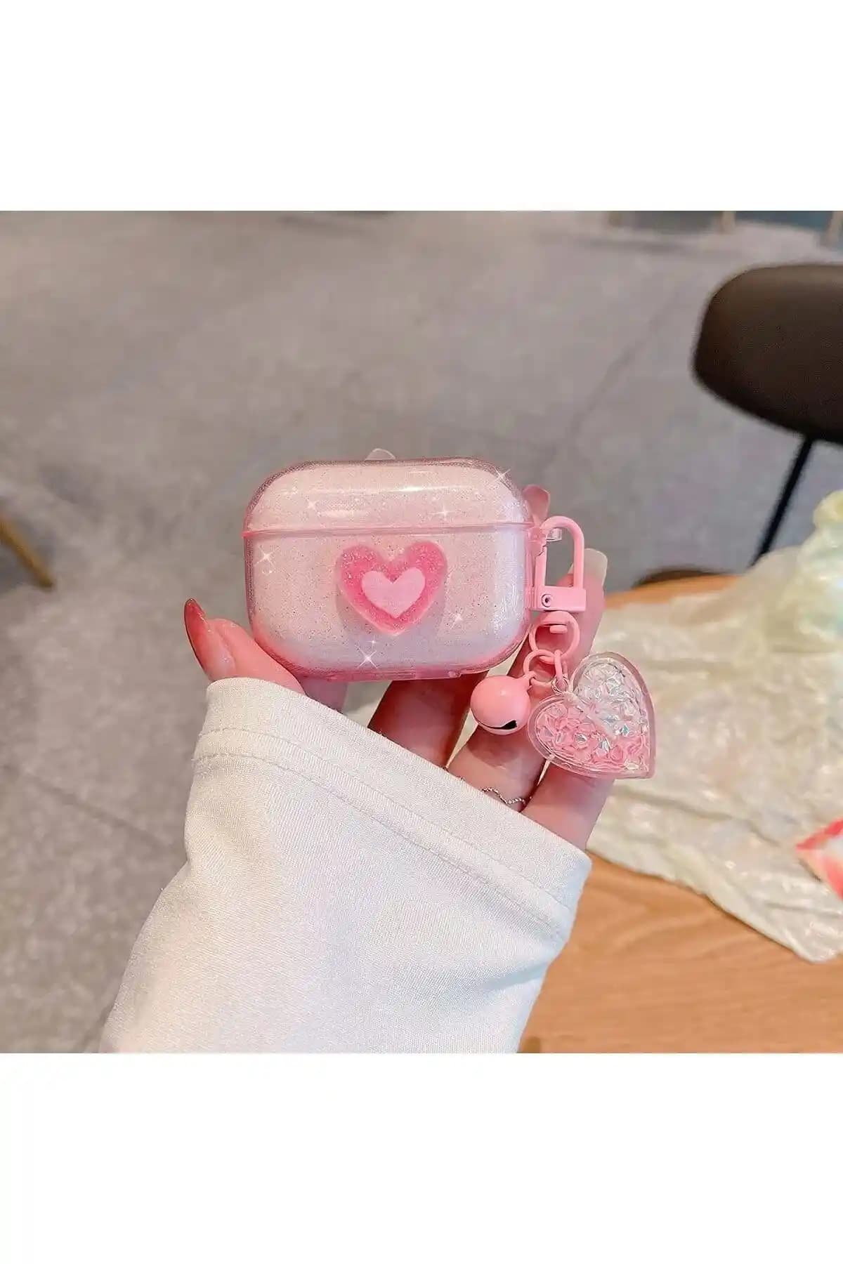 Airpods Pro 2 için Pembe 3D Simli Kalp Detaylı Kulaklık Kılıfı Şıklık ve Koruma Bir Arada