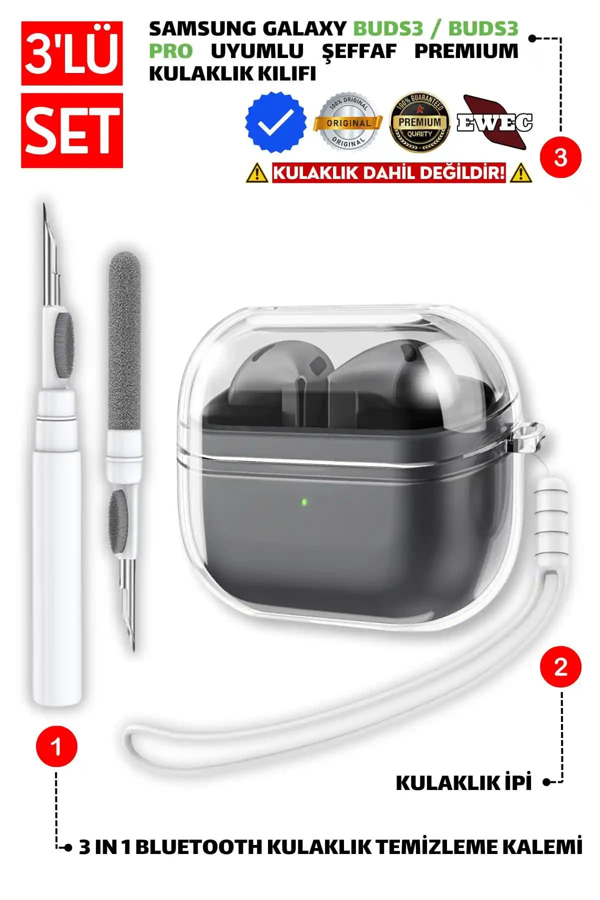 EWEC Galaxy Buds3 ve Buds3 Pro Uyumlu Şeffaf Kılıf ve Temizlik Seti
