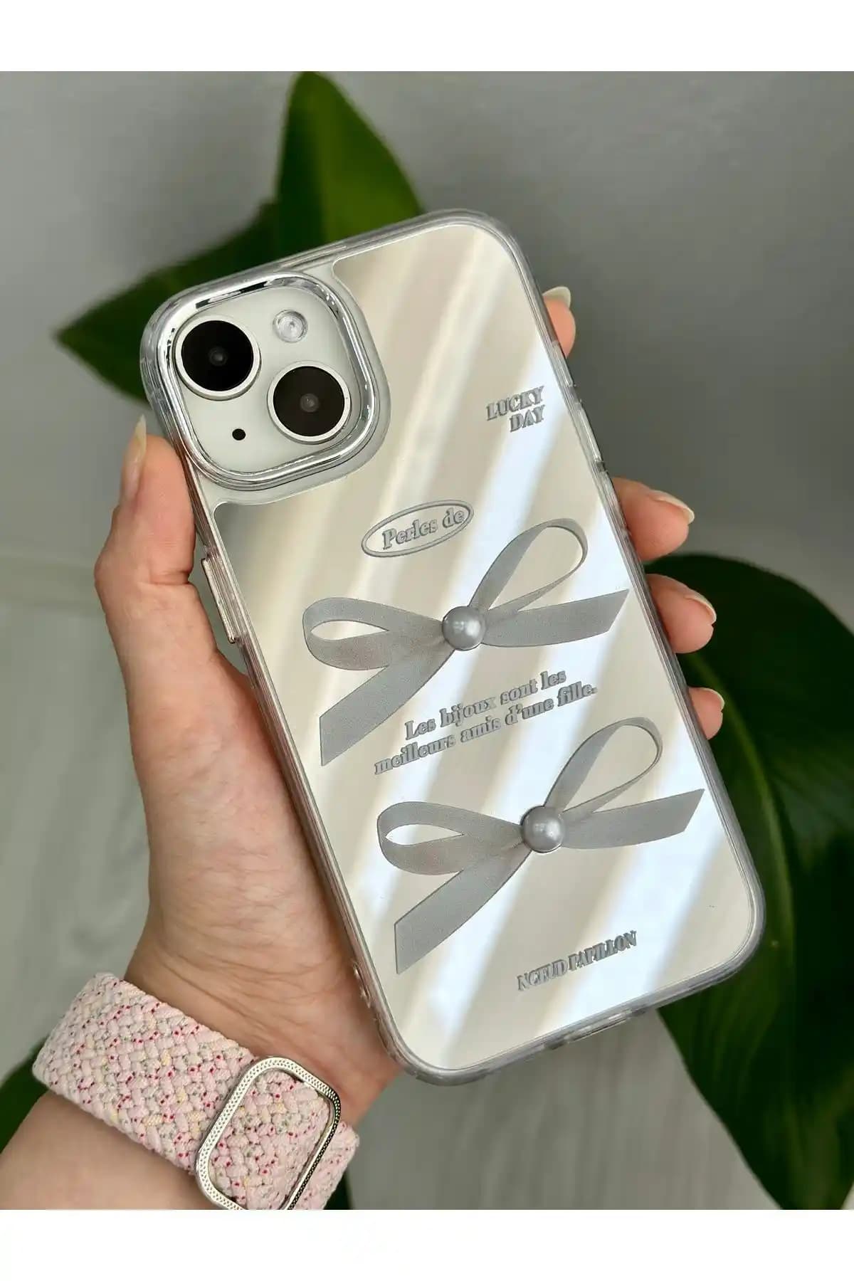 Go Aksesuar iPhone 13-14-15 Uyumlu Aynalı Fiyonk Silikon Kılıf Şık ve Koruyucu Tasarım