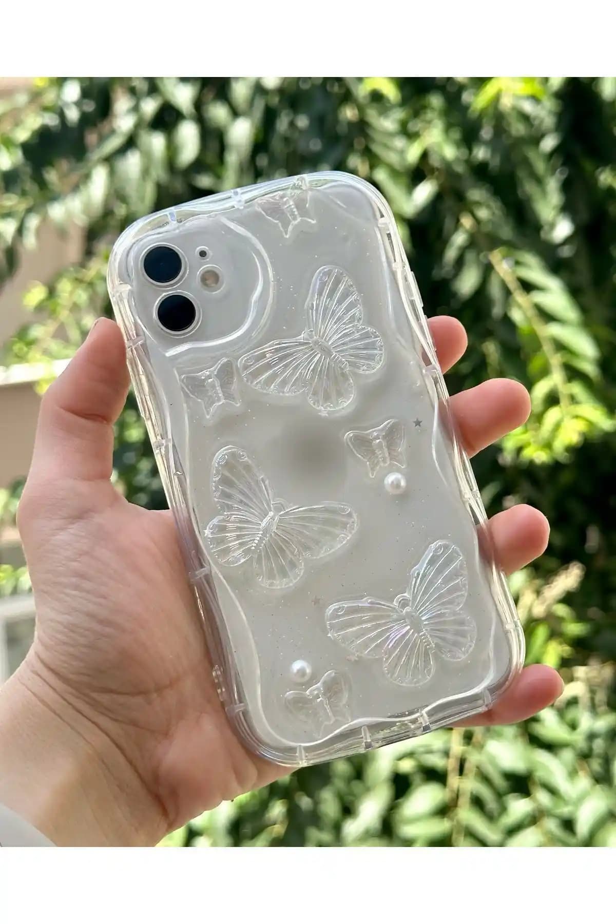 İphone 11 uyumlu kelebek desenli inci taşlı şeffaf koruma kılıfı