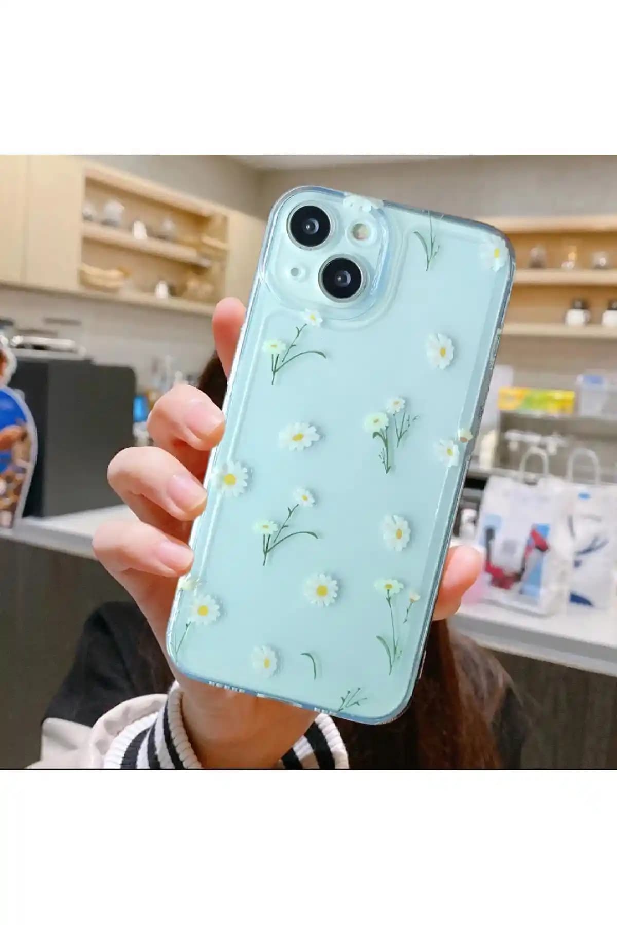 iPhone 15 uyumlu minik papatya desenli şeffaf silikon kılıf değerlendirmesi