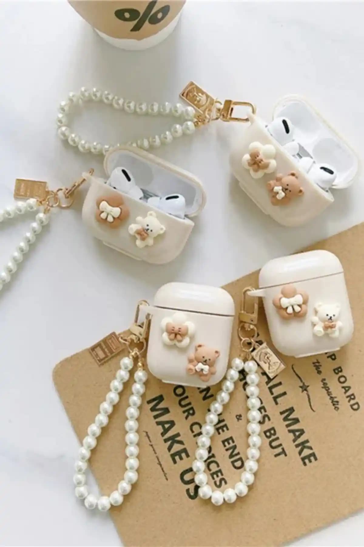 KVK PRİVACY 3.Nesil Uyumlu İnci Askılı Papyonlu Ayı Kulaklık Kılıfı Şıklık ve Koruma Sağlar