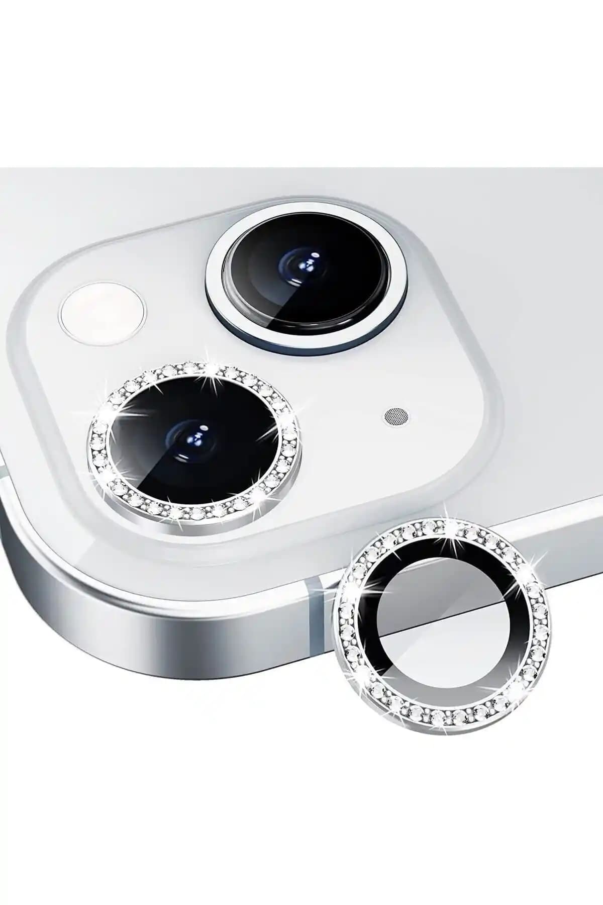 KVK PRİVACY Gümüş Taşlı Kamera Lens Koruyucu iPhone 13 ve Mini için Şık ve Koruyucu