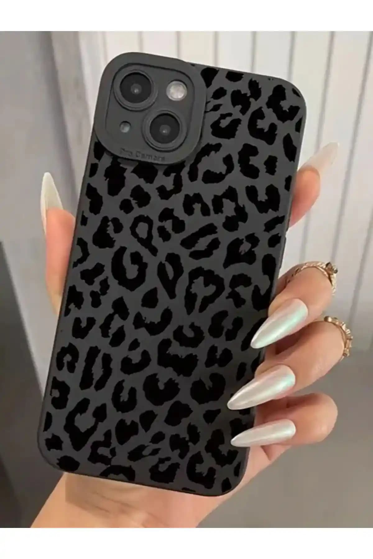 KVK PRİVACY Siyah Leopar Desenli Darbelere Dayanıklı iPhone 13 ve 14 Kılıfı